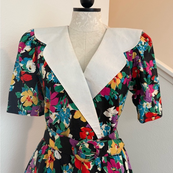 Vintage 80s 90s Floral Peplum Collared Dress Cotton 10 Medium Large Cottagecore - Picture 2 of 12